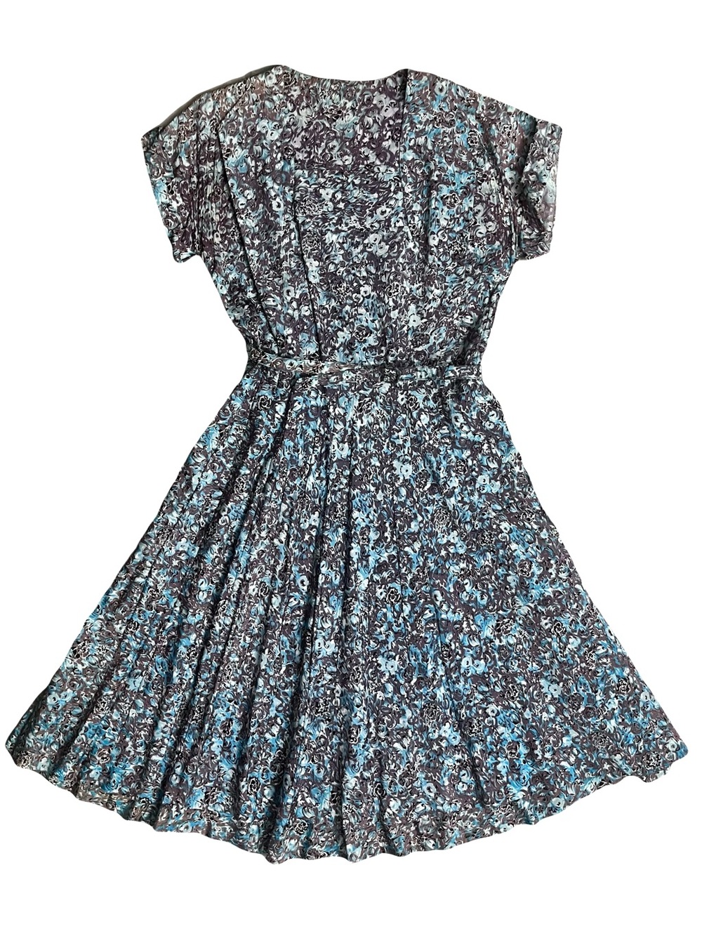 1950s 50s Vintage Blue & Brown Rose Print Short Sleeve Square Neck Dress w/ Belt